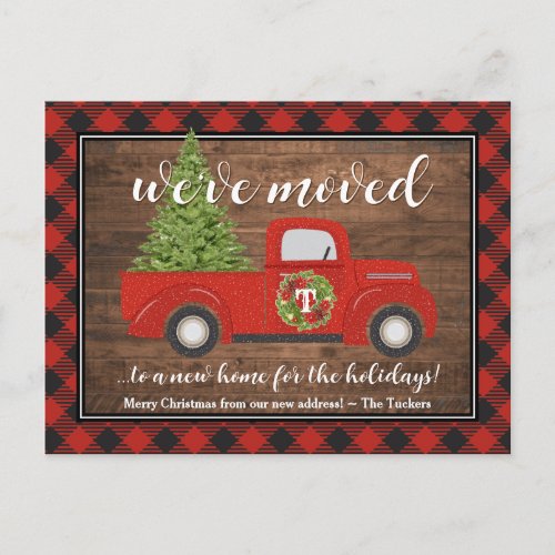 Rustic Red Christmas Truck Plaid Wood Weve Moved  Postcard