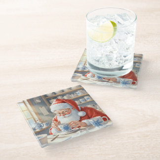 Rustic Red Christmas Watercolor Santa Workshop Glass Coaster