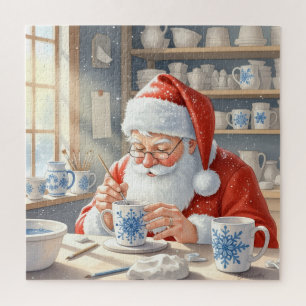 Rustic Red Christmas Watercolor Santa Workshop Jigsaw Puzzle