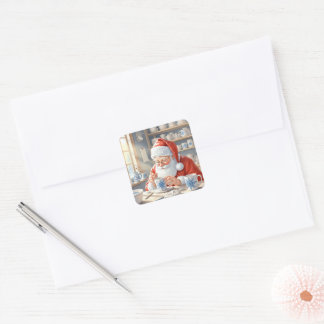Rustic Red Christmas Watercolor Santa Workshop Square Sticker
