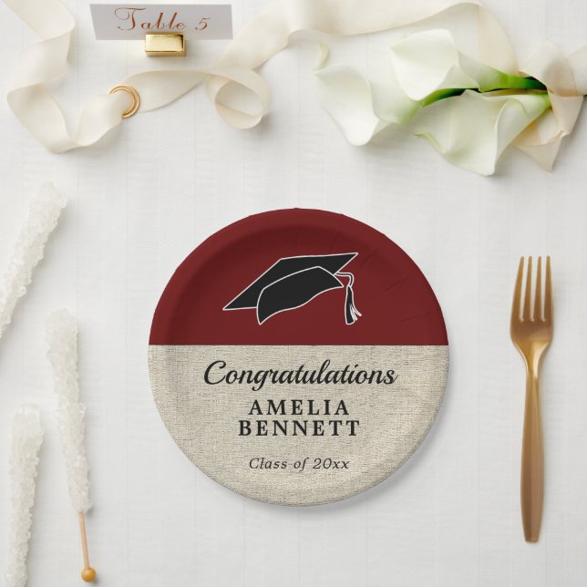 Rustic Red Congratulations Graduate Cap Graduation Paper Plates (Wedding)