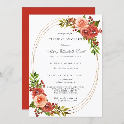 Rustic Red Coral Pink Floral Celebration of Life Invitation