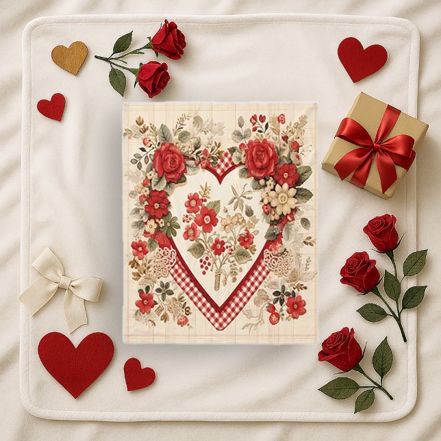 Rustic Red Cottagecore Floral Heart Gingham Art Fleece Blanket (Creator Uploaded)
