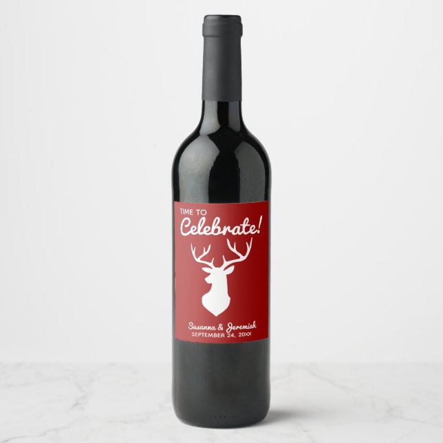 Rustic Red Country Buck Deer Silhouette Wedding Wine Label (Front)