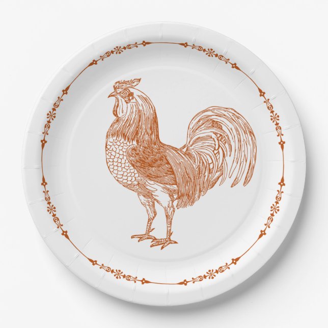 Rustic Red Country Rooster Paper Plates (Front)