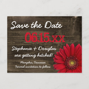 Rustic Red Daisy Wood Save The Date Postcards