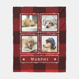 Rustic Red Denim Buffalo Plaid Photo Collage Dog Fleece Blanket