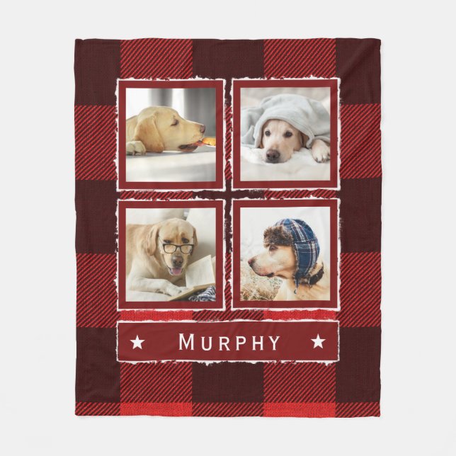 Rustic Red Denim Buffalo Plaid Photo Collage Dog Fleece Blanket (Front)