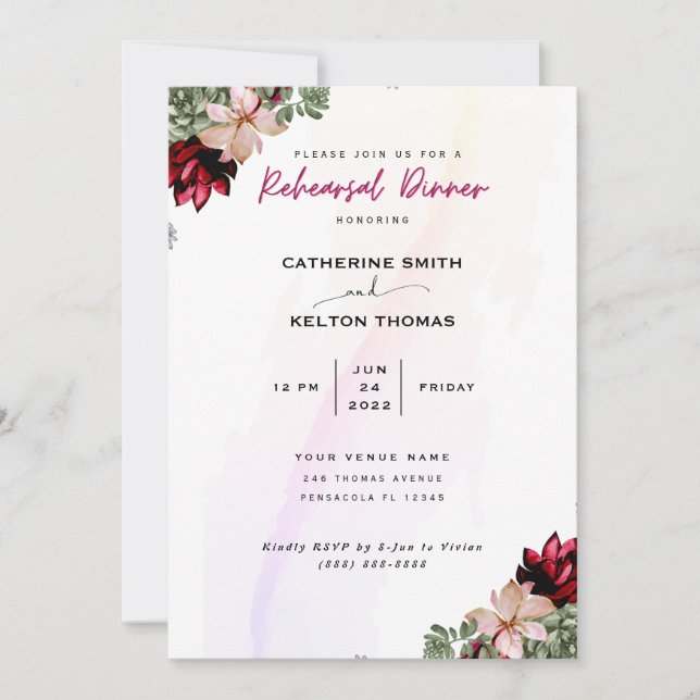 Rustic Red Elegant Floral Rehearsal Dinner Invitation (Front)
