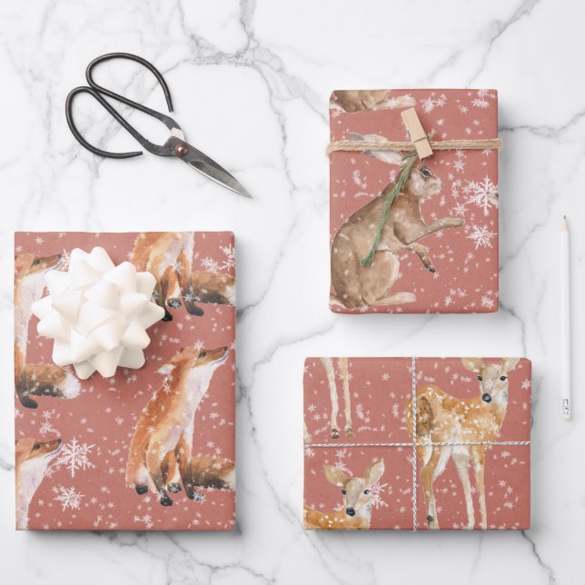 Rustic Red Elegant Snowy Winter Animals Wrapping Paper Sheets (Front)