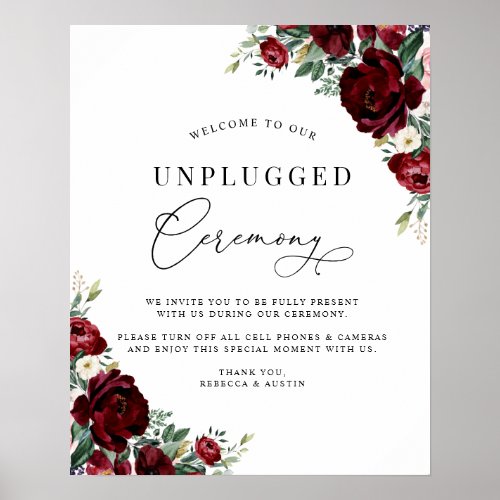 Rustic Red Fall Floral Wedding Unplugged Ceremony Poster