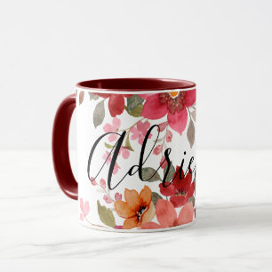 Rustic Red Fall Flowers Watercolor Floral Add Name Mug