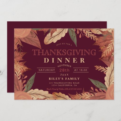 Rustic red fall leaf floral thanksgiving invitation