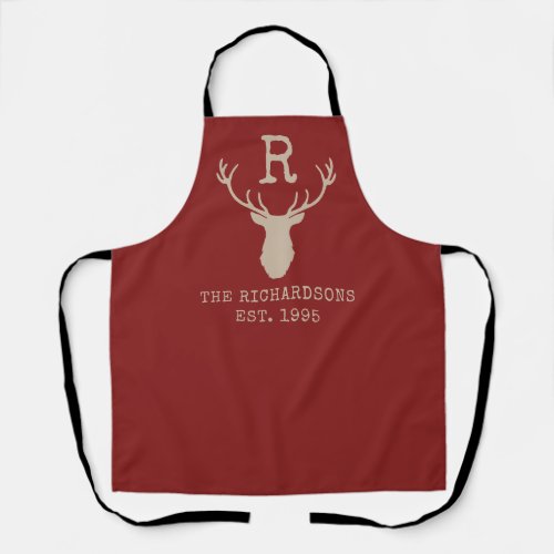 Rustic Red Family Monogram Deer Antlers Apron