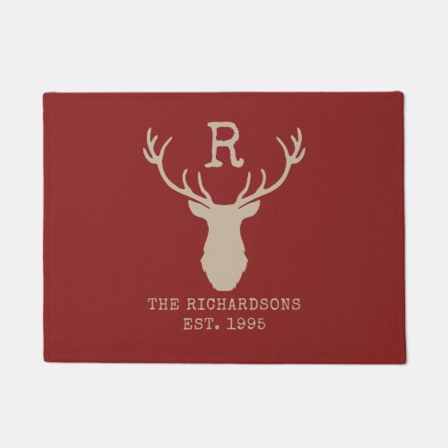 Rustic Red Family Monogram Deer Antlers Doormat