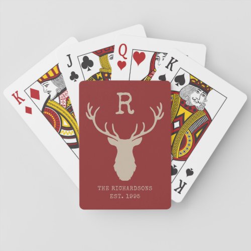 Rustic Red Family Monogram Deer Antlers Poker Cards