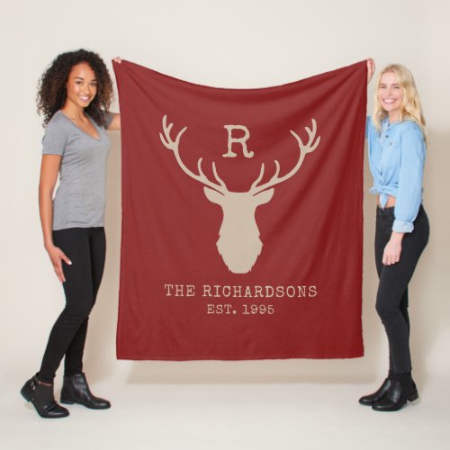 Rustic Red Family Name Deer Antlers Monogram Fleece Blanket