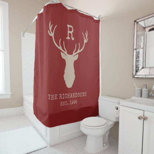 Rustic Red Family Name Deer Antlers Monogram Shower Curtain