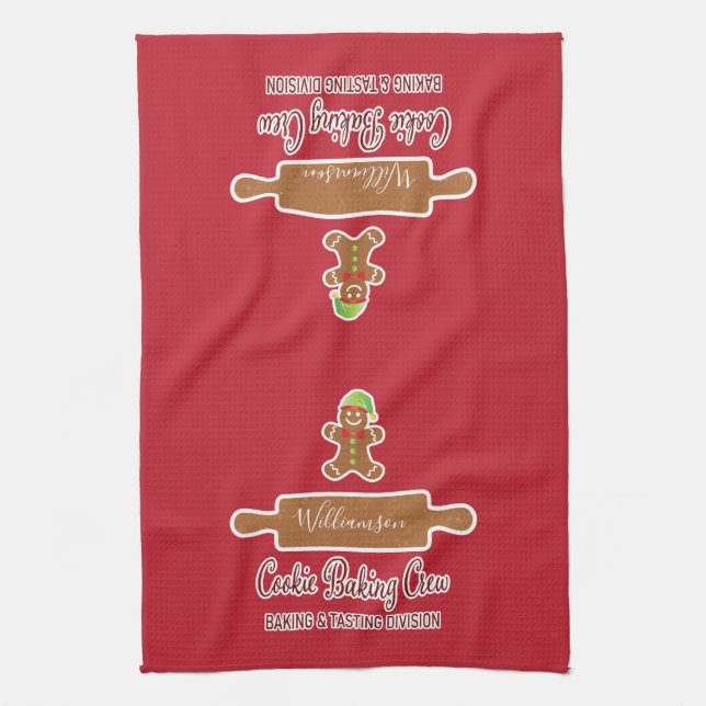 Rustic Red Family Name Holiday Baking Monogrammed Kitchen Towel (Vertical)