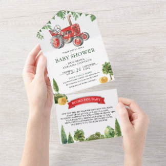 Rustic Red Farm Tractor Baby Shower All In One Invitation