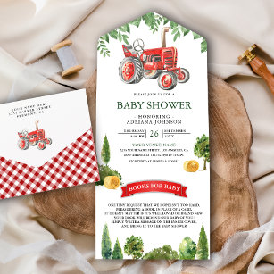 Rustic Red Farm Tractor Baby Shower All In One Invitation