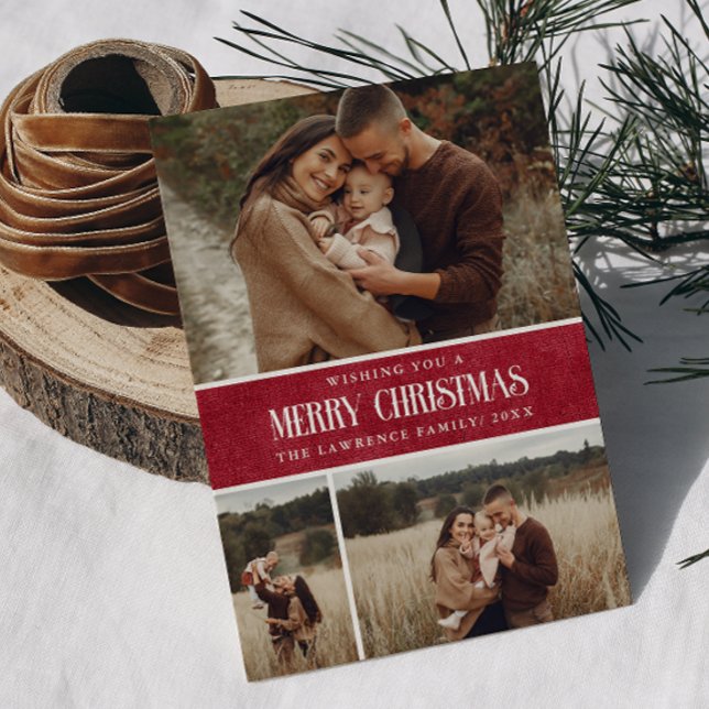 Rustic Red Farmhouse Christmas 3 Photo Collage Holiday Card (Creator Uploaded)