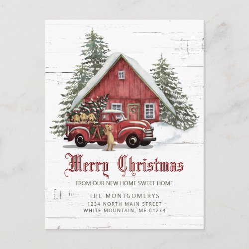 Rustic Red Farmhouse Snowman Christmas Moving Anno Announcement Postcard