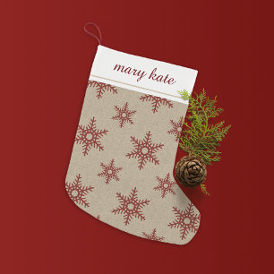 Rustic Red Faux Burlap Snowflake Pattern Small Christmas Stocking