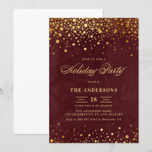 Rustic Red Faux Gold Foil Confetti Holiday Party Invitation
