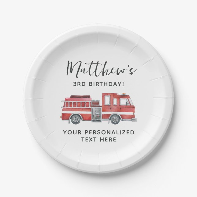 Rustic Red Firetruck Happy Birthday Party Paper Plates (Front)