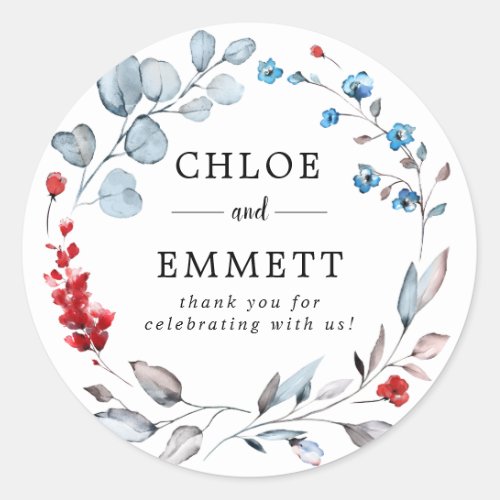 Rustic Red Floral and Pastel Blue Wedding Thank Yo Classic Round Sticker