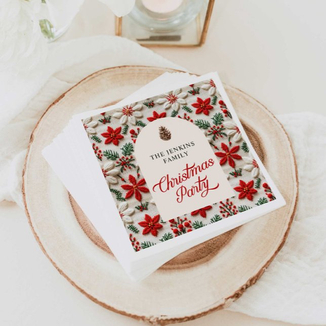 Rustic Red Floral Christmas Party Paper Napkins (Christmas Party Red Floral Napkins)