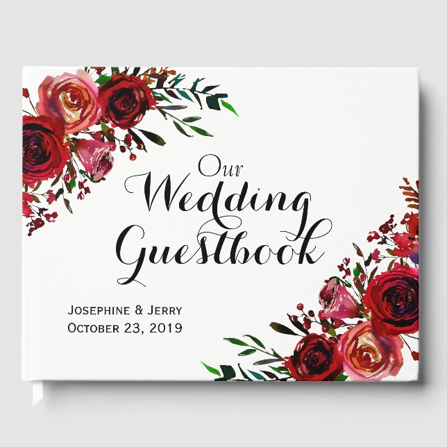 Rustic Red Floral Flowers Elegant Winter Wedding Guest Book (Front)
