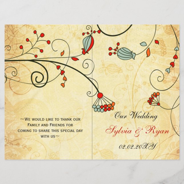Rustic, red floral folded , fall Wedding program (Front)