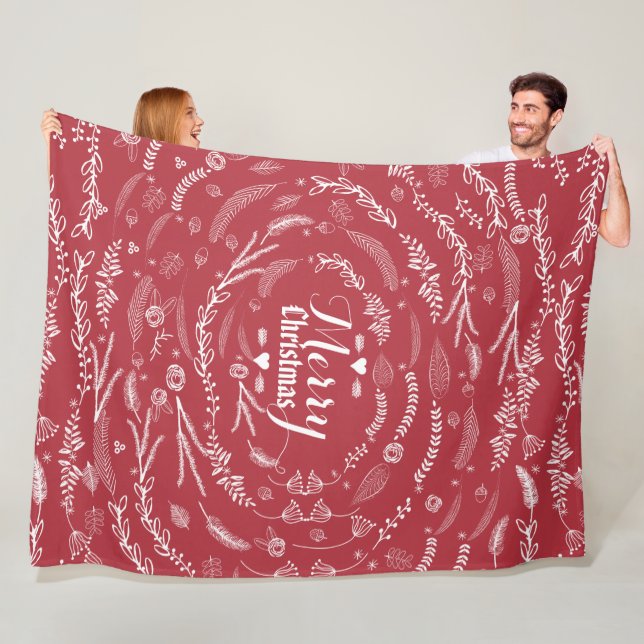 Rustic Red Floral Garland Christmas Pattern Fleece Blanket (In Situ)