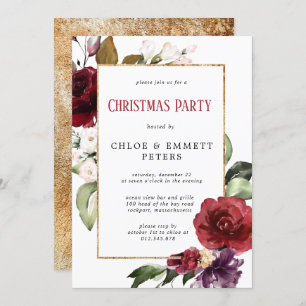 Rustic Red Floral Gold Christmas Party Invitation