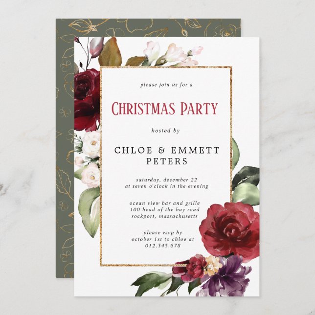 Rustic Red Floral Gold Christmas Party Invitation (Front/Back)