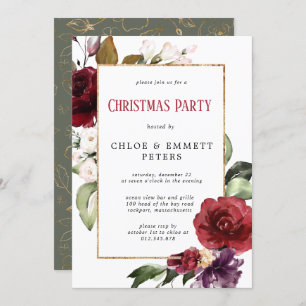 Rustic Red Floral Gold Christmas Party Invitation