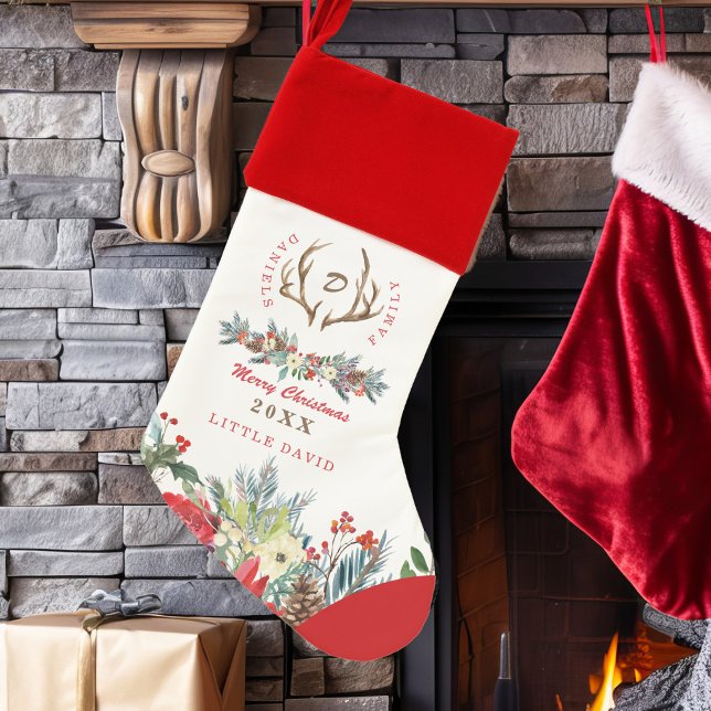 Rustic red floral monogram and name personalized christmas stocking (Creator Uploaded)