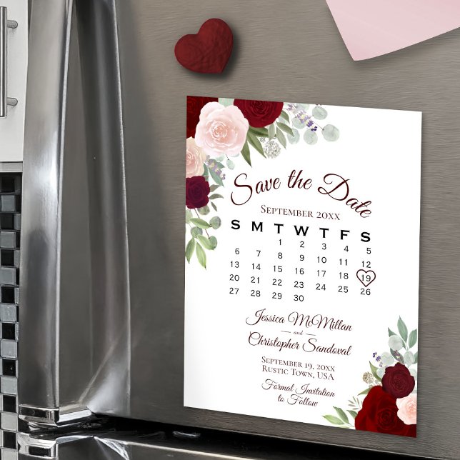 Rustic Red Floral Save the Date Calendar Magnet (Magnetic Card On Refrigerator)