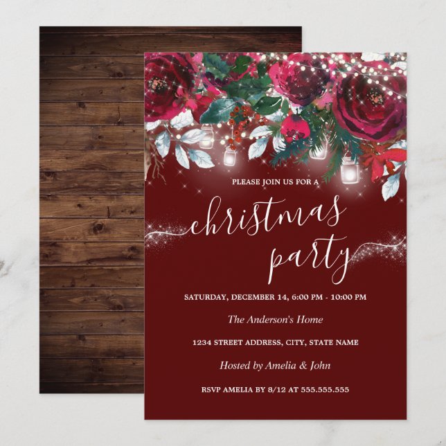 Rustic Red Floral Sparkle Lights Christmas Party   Invitation (Front/Back)