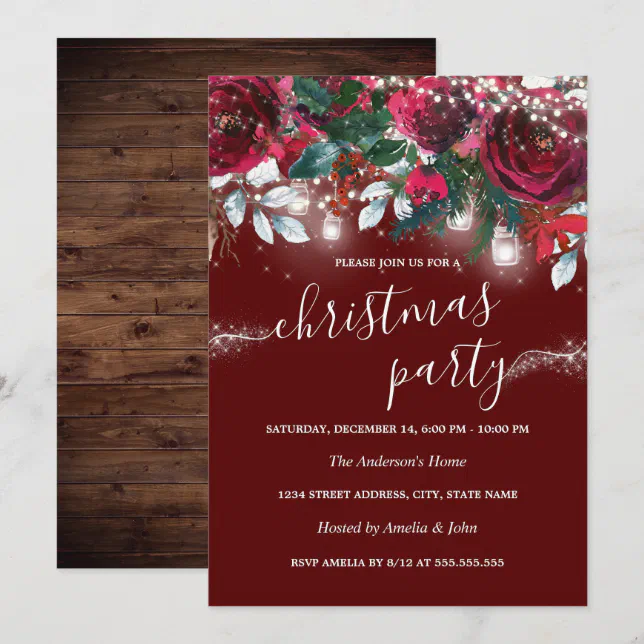 Rustic Red Floral Sparkle Lights Christmas Party Invitation | Zazzle