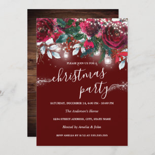 Rustic Red Floral Sparkle Lights Christmas Party Invitation