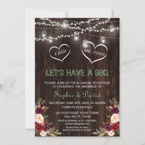 Rustic Red Floral String Lights Wood I DO BBQ Invitation