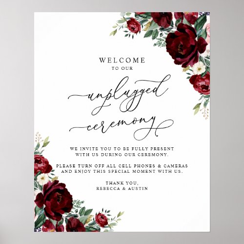 Rustic Red Floral Unplugged Ceremony Wedding Sign