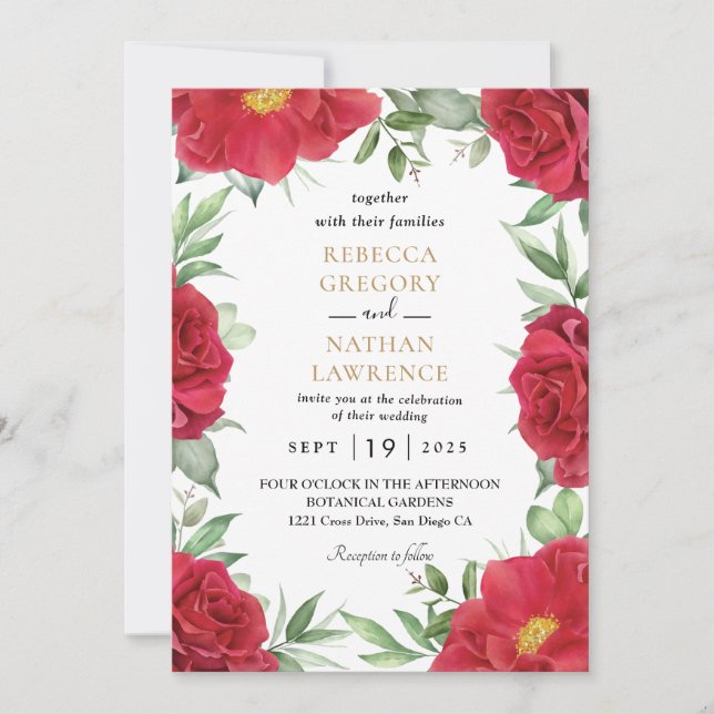 Rustic red floral wedding invitation (Front)