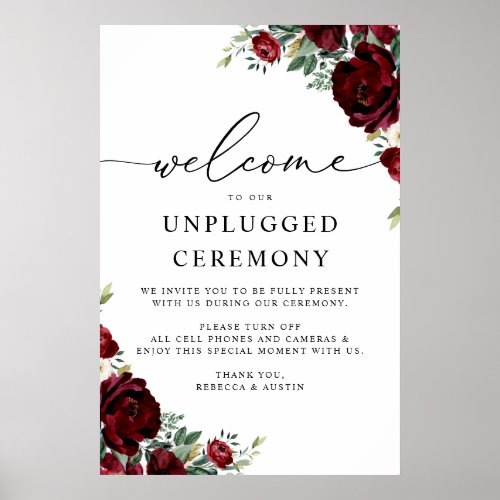 Rustic Red Floral Wedding Unplugged Ceremony Poster