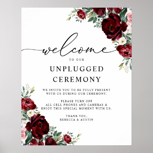 Rustic Red Floral Wedding Unplugged Ceremony Sign