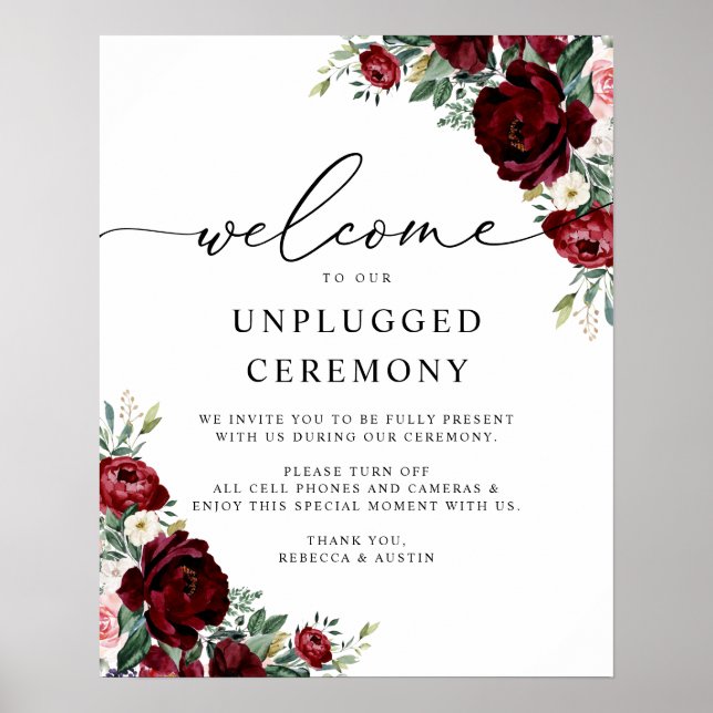 Rustic Red Floral Wedding Unplugged Ceremony Sign (Front)