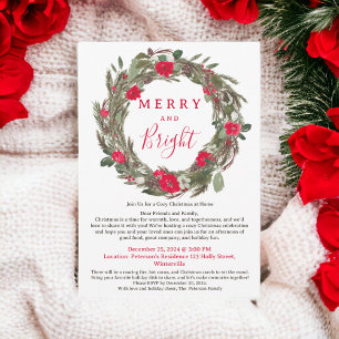 Rustic Red Floral Wreath Cozy Christmas Gathering Invitation